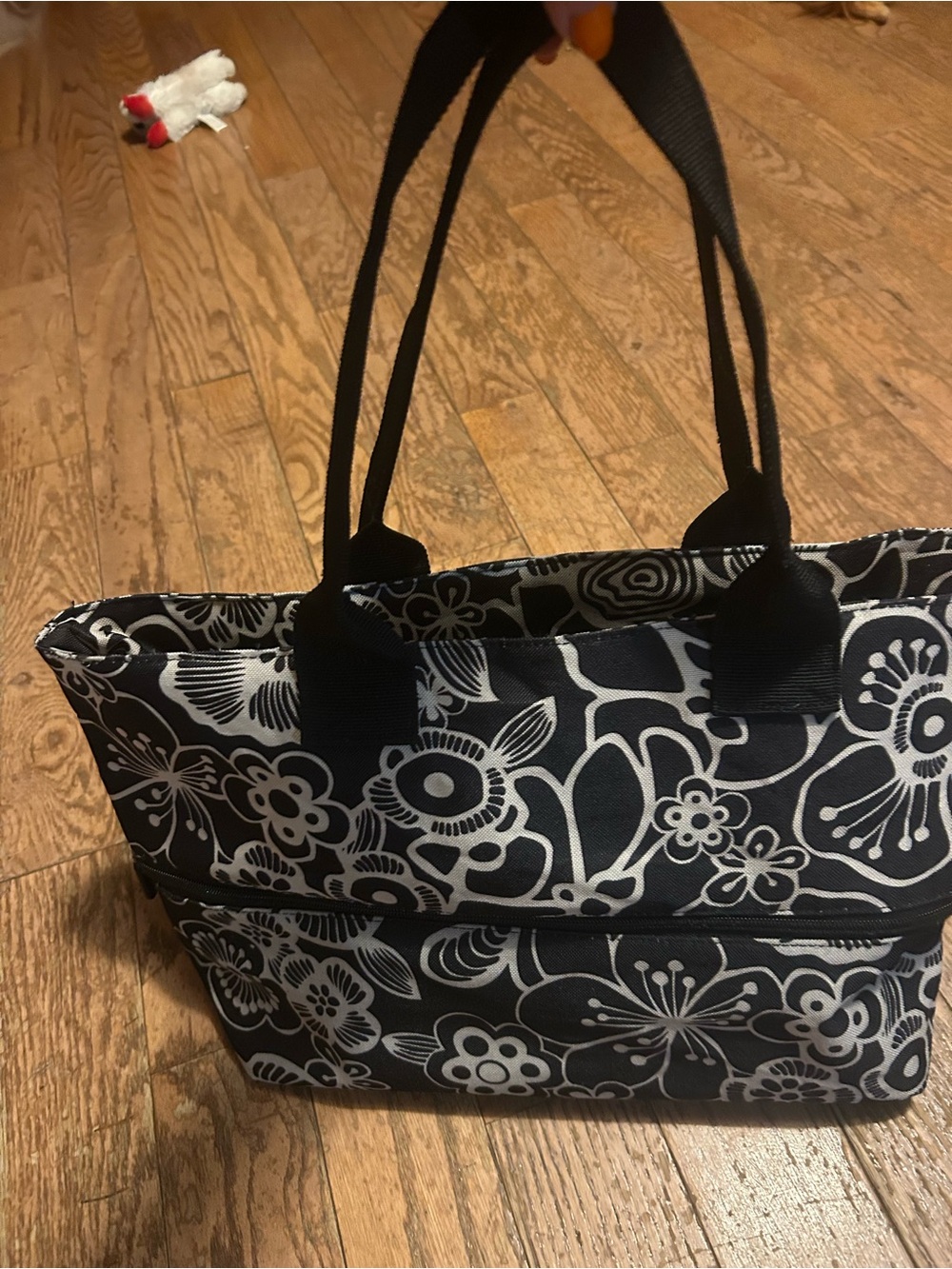 Black and White Floral Tote Bag with Front Zip Pocket expandable